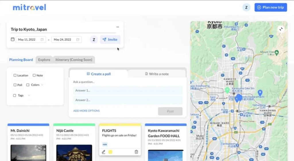 MiTravel is a web-based group travel planning platform focused on helping large groups make planning decisions faster. It offers a Trello or Kanban-like board-based interface for collaboration, voting on options and uploading of documents so that all key documents such as reservations are in the same place. 