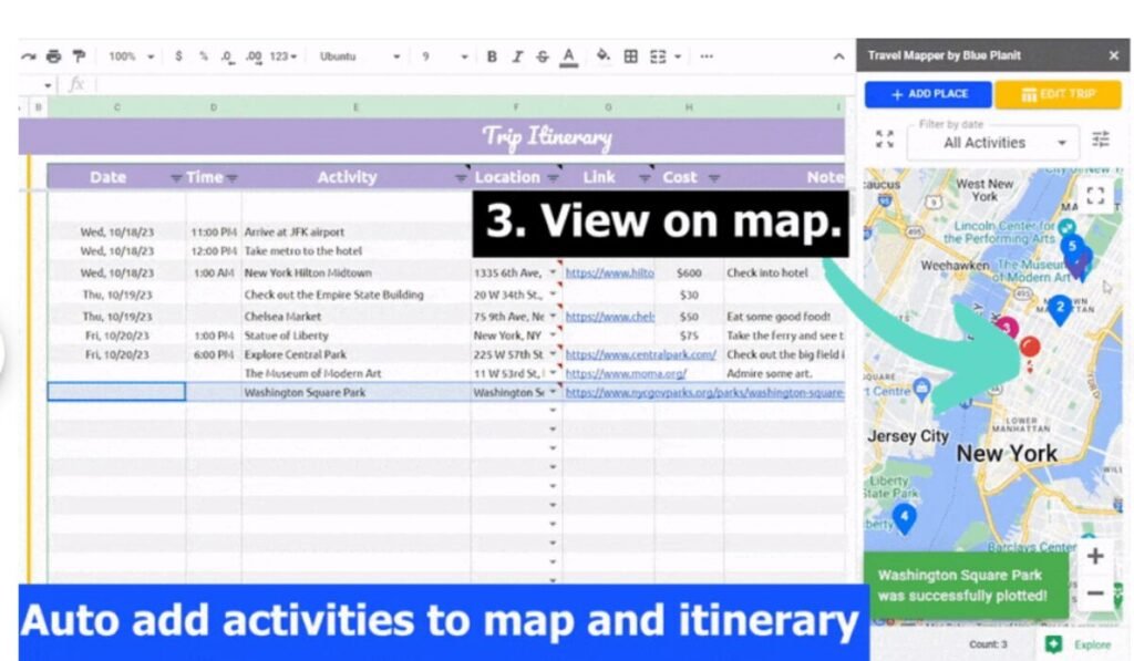 Sometimes the simplest is the best and with Google Sheets you can adapt, organize and plan your trip in whichever way you like with tables. It allows for real-time collaboration, making it useful for creating custom itineraries, packing lists, and budget trackers. It's free, accessible on any device, and integrates well with other Google services.