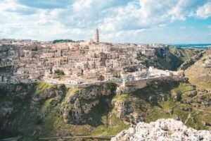 Matera, Basilicata, Italy. View of the town atop a hill