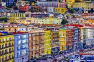 Santa Lucia, Naples, Italy. Very colorful waterside district, every history five storey building has its own bright color.