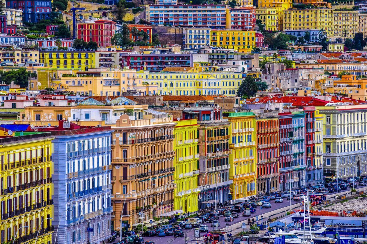 Santa Lucia, Naples, Italy. Very colorful waterside district, every history five storey building has its own bright color.