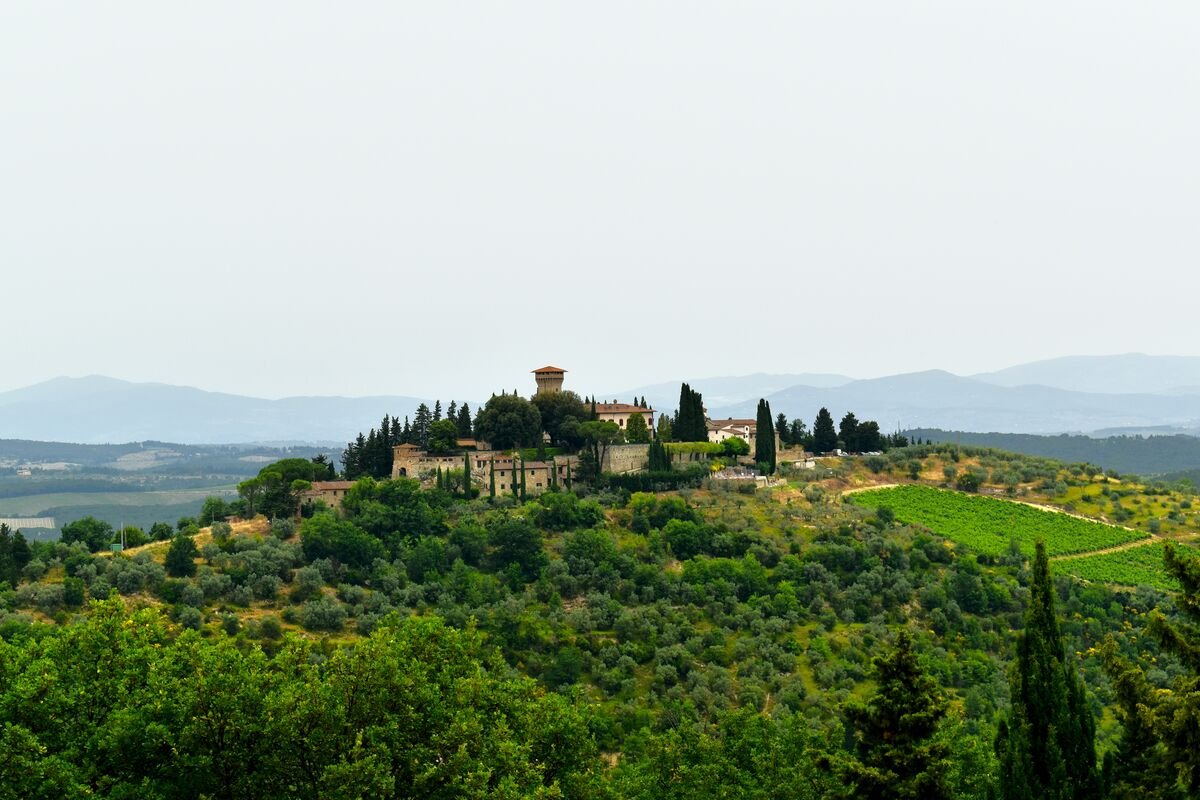 Tuscany, Italy. A hilltop village up a green and open landscape covered with Italy's best vineyards